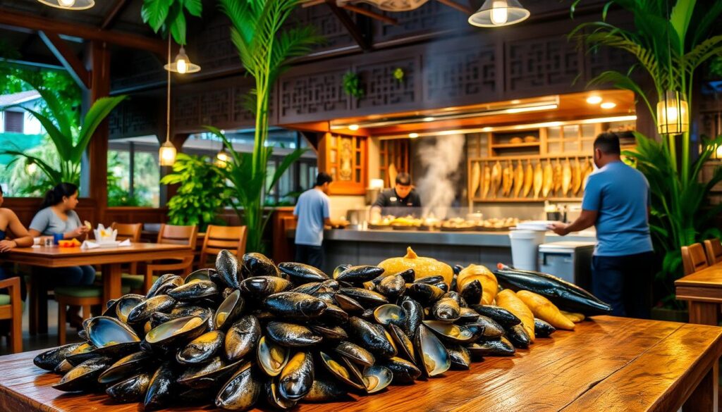 A bustling seafood restaurant with a warm, inviting atmosphere. In the foreground, a display of fresh, glistening seafood catches the eye - a variety of layar (mussels) and other local delicacies arranged artfully on a rustic wooden table. The middle ground features the open kitchen, where skilled chefs expertly grill and prepare an array of ikan bakar (grilled fish) dishes, their smoky aroma permeating the air. The background showcases the restaurant's traditional Javanese-inspired architecture, with intricate wooden carvings and lush, verdant plants adding to the serene, tropical ambiance. Soft, warm lighting creates a cozy, inviting atmosphere, drawing in patrons to savor the flavors of the sea.