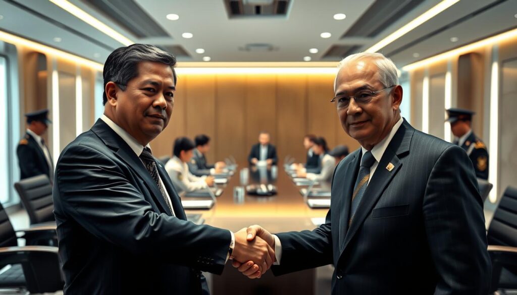 A collaborative scene of the Attorney General's Office and the National Police Headquarters, showcasing a formal meeting between high-ranking officials. In the foreground, two men in suits shake hands, their expressions stern yet composed, conveying a sense of seriousness and professionalism. The middle ground features a large conference table surrounded by several other officials, deeply engaged in discussion. The background is filled with a sleek, modern interior design, with clean lines, subtle lighting, and a sense of authority. The overall atmosphere is one of authority, cooperation, and a shared purpose to address the pressing issues at hand.