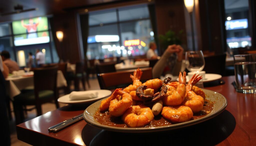 A dimly lit restaurant interior, with a table set for an evening seafood feast. In the foreground, a plate of sizzling, freshly prepared "bumbu sedap" - a fragrant Indonesian seafood dish, featuring plump shrimp or fish coated in a rich, savory sauce, accented by aromatic spices and herbs. The middle ground showcases the restaurant's cozy ambiance, with soft lighting, wooden furnishings, and elegant place settings. In the background, a view of the bustling city streets outside, hinting at the restaurant's convenient urban location. The overall mood is one of comfort, indulgence, and the celebration of fresh, flavorful seafood.