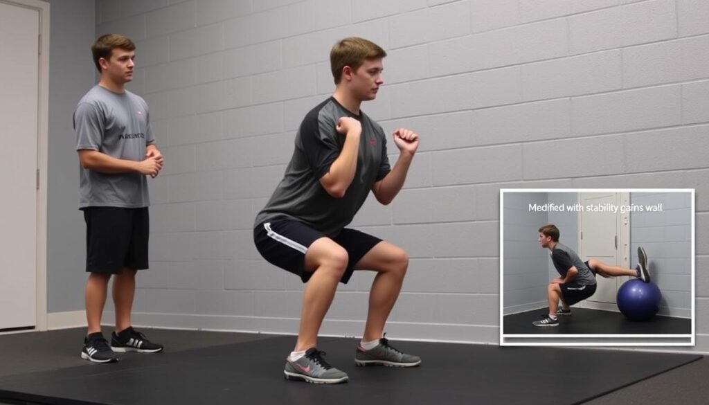 Atlet remaja melakukan latihan kombinasi cardio dan strength dengan squat Atlet remaja melakukan latihan kombinasi cardio dan strength dengan squat