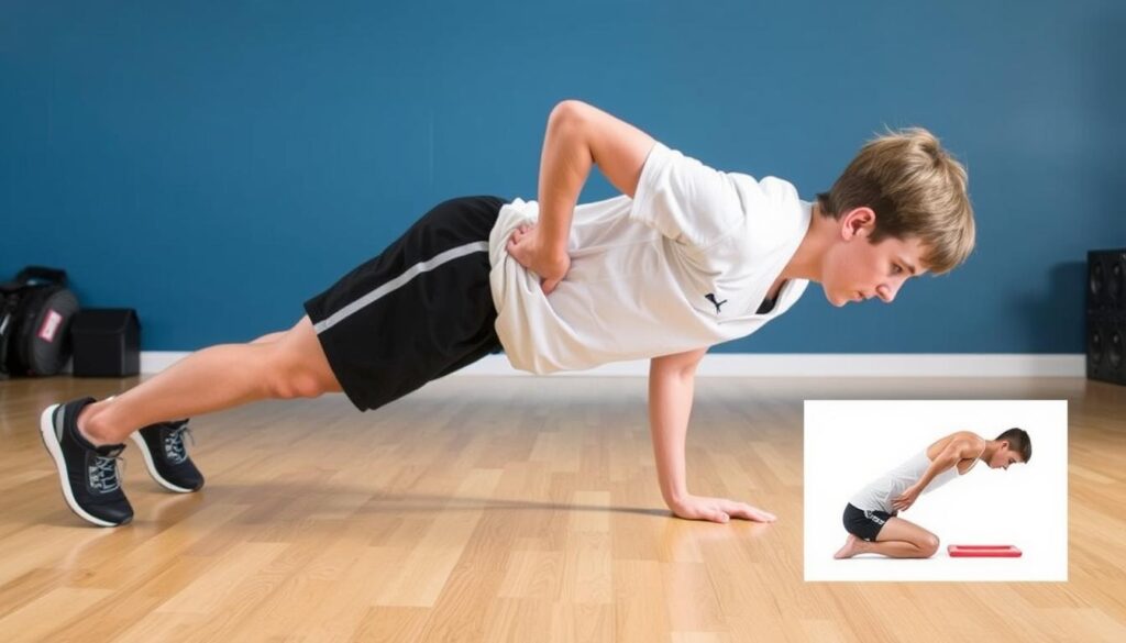 Atlet remaja melakukan latihan plank dengan pengawasan pelatih Atlet remaja melakukan latihan plank dengan pengawasan pelatih