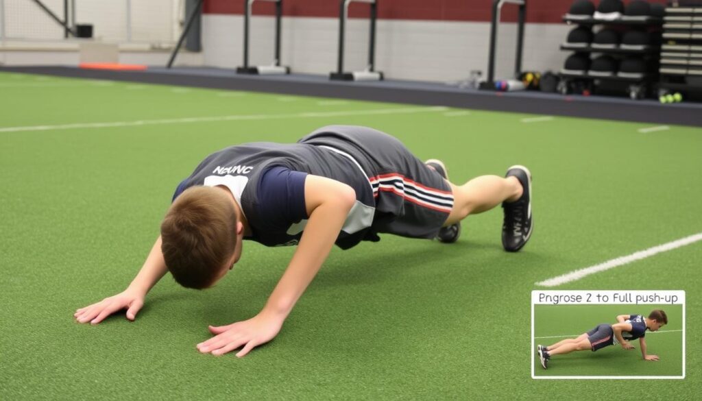 Atlet remaja melakukan latihan push-up dengan teknik yang benar Atlet remaja melakukan latihan push-up dengan teknik yang benar