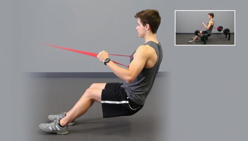 Atlet remaja melakukan latihan rowing dengan resistance band Atlet remaja melakukan latihan rowing dengan resistance band