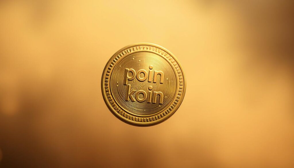 A golden coin with the "poin koin" text engraved on its surface, floating in a serene, ethereal environment. The coin is illuminated by a warm, diffused light, casting gentle shadows that accentuate its metallic luster. The background is a soft, hazy gradient, evoking a sense of tranquility and focus on the central object. The composition is balanced, with the coin positioned centrally, drawing the viewer's attention to its significance as a reward or currency. The overall mood is one of elegance, value, and the allure of digital rewards.