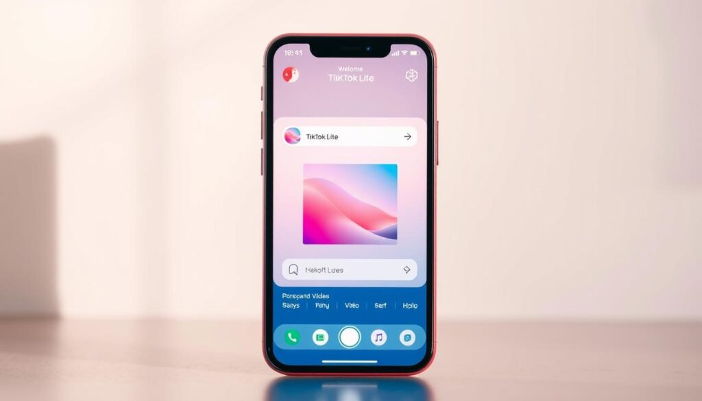 A sleek and minimalist mobile app interface with a clean, modern aesthetic. In the foreground, a vibrant, square-format video player showcases an engaging TikTok-style short-form content. The middle ground features a simple navigation menu with intuitive icons, while the background subtly incorporates pastel gradients and subtle geometric patterns, conveying a sense of lightness and simplicity. The overall composition is bathed in soft, diffused lighting, creating a warm and inviting atmosphere. The entire scene is captured from a slightly elevated, slightly angled perspective, offering a comprehensive view of the TikTok Lite app's user experience.