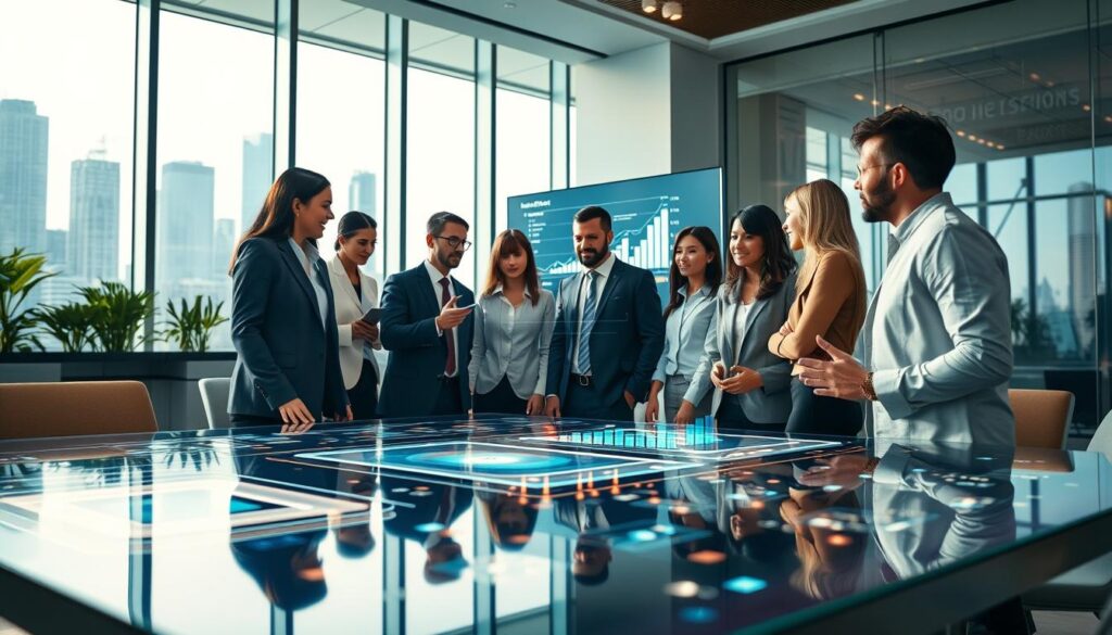 A dynamic office setting showcasing the benefits of implementing AI agents. In the foreground, a diverse group of professionals in business attire are engaged in a lively discussion around a smart table with holographic data and charts emerging. The middle ground features advanced AI technology, like a virtual assistant project displayed on a large screen, with glowing graphs symbolizing efficiency and growth. In the background, large windows reveal a city skyline under soft daylight, enhancing a future-focused atmosphere. The scene is illuminated by ambient lighting, creating a productive and optimistic mood. The perspective is slightly low angle to emphasize the innovation and collaboration in the workplace, capturing the essence of the AI revolution in a professional context. A dynamic office setting showcasing the benefits of implementing AI agents. In the foreground, a diverse group of professionals in business attire are engaged in a lively discussion around a smart table with holographic data and charts emerging. The middle ground features advanced AI technology, like a virtual assistant project displayed on a large screen, with glowing graphs symbolizing efficiency and growth. In the background, large windows reveal a city skyline under soft daylight, enhancing a future-focused atmosphere. The scene is illuminated by ambient lighting, creating a productive and optimistic mood. The perspective is slightly low angle to emphasize the innovation and collaboration in the workplace, capturing the essence of the AI revolution in a professional context.