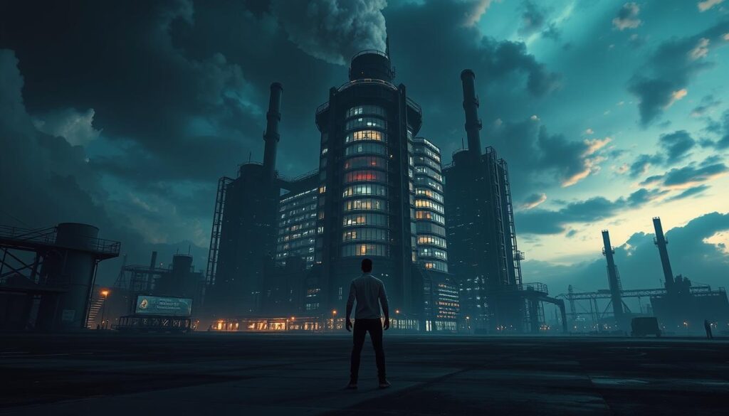 A futuristic industrial landscape, with a towering factory building in the center, its windows glowing with an eerie light. In the foreground, a lone figure stands facing the factory, hand outstretched, as if resetting or rebooting the entire structure. The sky is a deep, moody hue, with clouds casting dramatic shadows across the scene. The overall atmosphere conveys a sense of technology, power, and the need for a fresh start, reflecting the "factory reset" concept. The image is captured with a wide-angle lens, emphasizing the scale and grandeur of the setting.