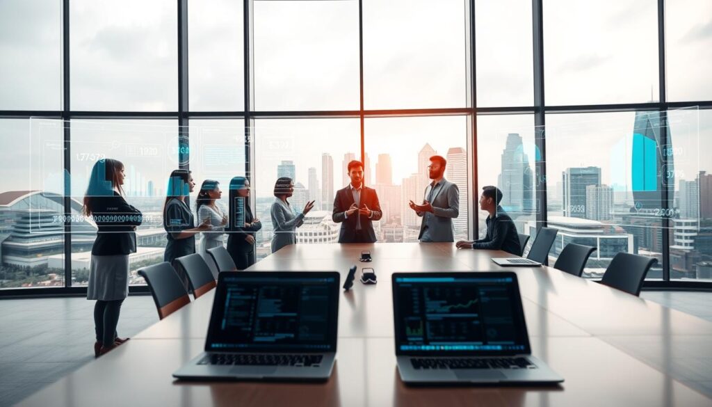 A modern Indonesian business office scene showcasing the implementation of AI agents in various sectors. In the foreground, a diverse group of professionals, including a woman in a business suit and a man in smart casual attire, are engaged in a brainstorming session surrounded by futuristic holographic displays demonstrating AI analytics and business data. In the middle ground, a sleek conference table displays AI-driven devices and laptops with advanced interfaces. The background features large windows overlooking a bustling cityscape with contemporary architecture, symbolizing innovation. Soft, natural lighting enhances the workspace's inviting atmosphere, while a slight depth of field focus draws attention to the team collaboration. The mood conveys excitement and forward-thinking, reflecting the transformative impact of AI in Indonesia's business landscape. A modern Indonesian business office scene showcasing the implementation of AI agents in various sectors. In the foreground, a diverse group of professionals, including a woman in a business suit and a man in smart casual attire, are engaged in a brainstorming session surrounded by futuristic holographic displays demonstrating AI analytics and business data. In the middle ground, a sleek conference table displays AI-driven devices and laptops with advanced interfaces. The background features large windows overlooking a bustling cityscape with contemporary architecture, symbolizing innovation. Soft, natural lighting enhances the workspace's inviting atmosphere, while a slight depth of field focus draws attention to the team collaboration. The mood conveys excitement and forward-thinking, reflecting the transformative impact of AI in Indonesia's business landscape.