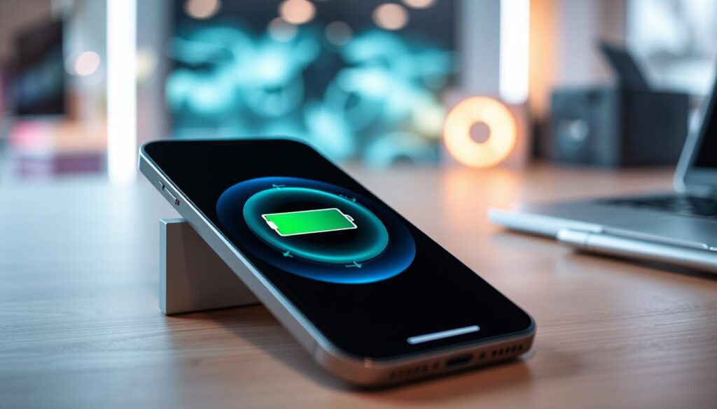 A sleek, modern Apple iPhone displaying the iOS 27 interface, prominently featuring a vibrant battery optimization icon. In the foreground, a close-up of the iPhone is set on a minimalist wooden desk, showcasing the device's elegant design. The middle ground includes a subtle glow emanating from the phone screen, symbolizing energy efficiency and optimization features like AI-assisted battery life. The background reveals a softly blurred tech workspace with ambient lighting, hinting at innovation and progress. The atmosphere is sleek and futuristic, suggesting a harmonious blend of technology and sustainability. The image should convey professionalism and sophistication, suitable for a technology-focused article.