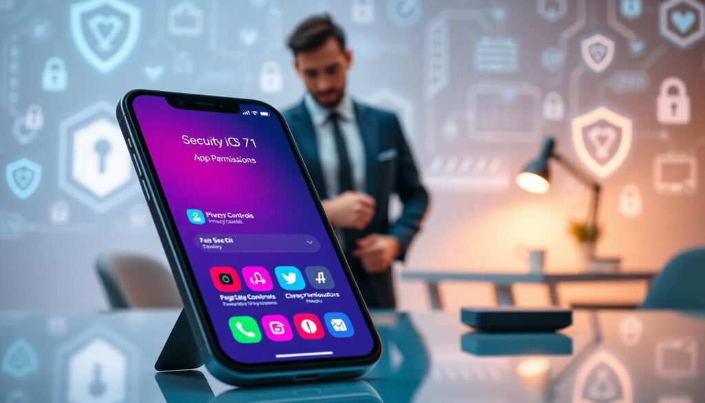 A sleek, modern digital workspace featuring a close-up view of an iPhone displaying the iOS 17.1 security features interface. In the foreground, focus on the phone screen with vibrant icons representing security settings like "Face ID," "Privacy Controls," and "App Permissions." In the middle, a confident professional wears a smart business outfit, observing the device with interest while standing by a stylish desk. The background showcases a softly lit tech-inspired environment with abstract security elements like shields, locks, and data streams subtly integrated. The overall mood conveys a sense of trust, protection, and advanced technology, with soft, cool tones highlighting an air of sophistication and modernity. Ideal lighting creates contrast, emphasizing the phone's display while ensuring the professional is warmly illuminated.