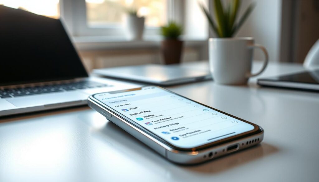 A sleek, modern iOS interface displayed on an iPhone screen, showcasing the "Display and Widget Settings" section. The focus is on the settings menu with vibrant, inviting colors and intuitive icons that illustrate customization options. In the foreground, the iPhone rests on a clean, minimalist desk, surrounded by soft office lighting that casts a gentle glow on the device. In the middle ground, soft-focus elements like a stylish laptop and a coffee mug hint at a productive workspace. The background features a blurred window with natural light streaming in, creating an inviting and professional atmosphere. The overall mood is one of modernity and simplicity, perfect for illustrating the latest iOS features while maintaining a clean, professional appearance.