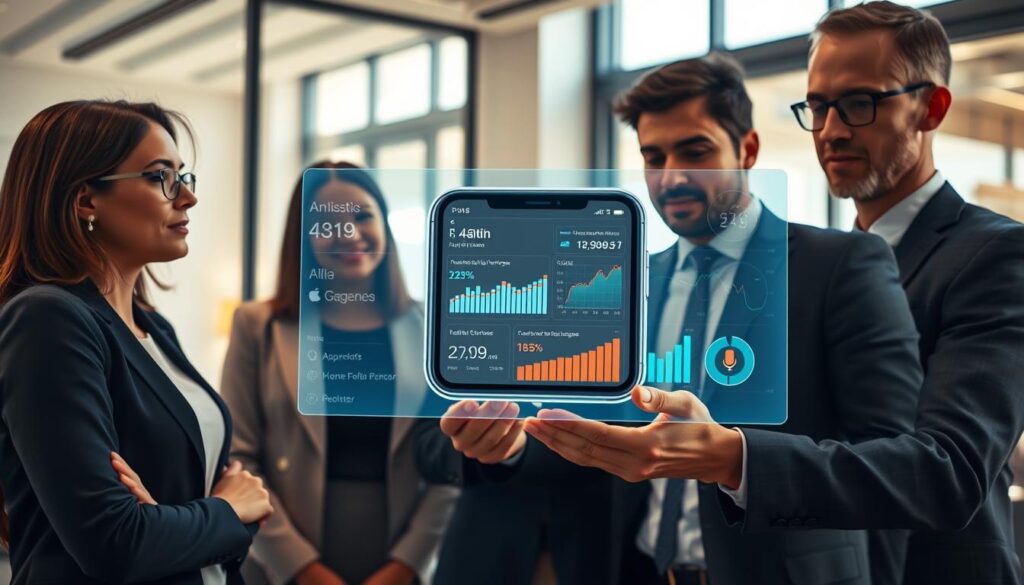 A visually engaging scene depicting an educational health video focused on Apple’s Health App. In the foreground, a diverse group of three professionals—two women and one man—are intently watching a holographic display showing health trends and data analytics. They are dressed in smart business attire, with a modern office background that features soft lighting for a warm, inviting atmosphere. The middle layer reveals a sleek Apple device displaying vibrant health metrics and graphs, while the backdrop consists of a minimalist office with large windows allowing natural light to stream in. The mood is focused and collaborative, conveying the integration of AI in health technology. The angle is slightly above eye level, offering a clear view of the professionals' expressions of curiosity and engagement.