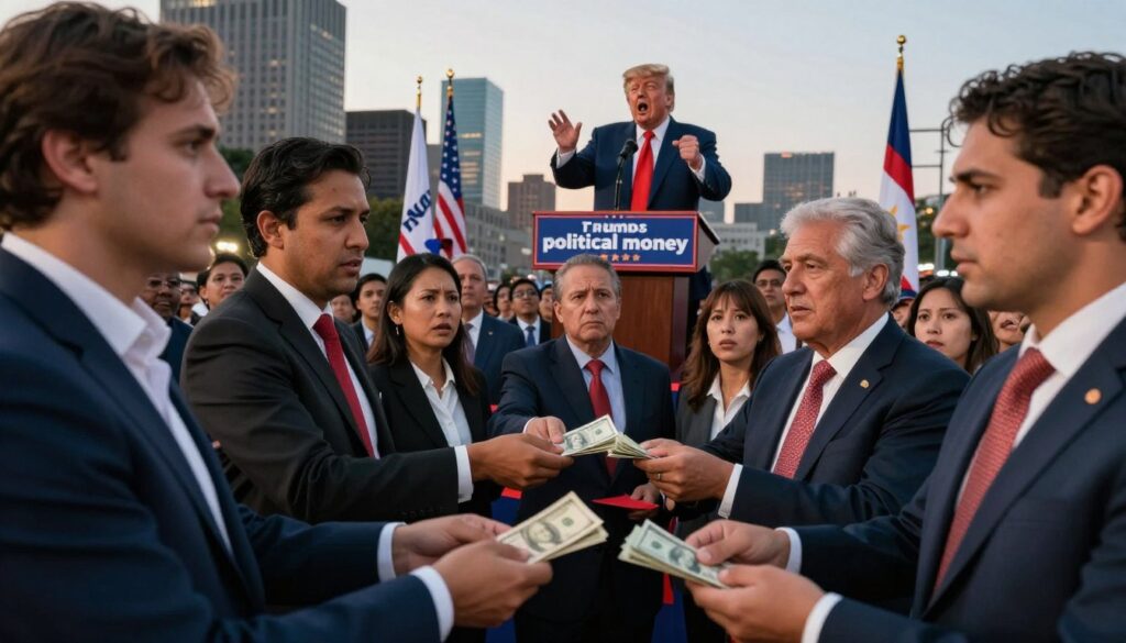 A bustling political rally scene showcasing the concept of “political money.” In the foreground, a diverse group of people in professional business attire exchange envelopes and cash discreetly, their expressions a mix of excitement and concern. In the middle ground, a tall, imposing politician speaks passionately at a podium, surrounded by banners and flags, engaging with an attentive crowd. The background features a city skyline at dusk, with warm, ambient lighting illuminating the scene, suggesting a lively yet tense atmosphere. The composition captures the dynamics of modern political finances, emphasizing the rising costs and implications of money in elections. The angle is slightly tilted upward, creating a sense of urgency and drama.