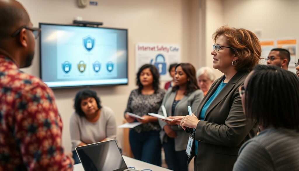 A community gathering focused on cyber security awareness, featuring diverse individuals engaged in a discussion. In the foreground, a middle-aged woman in professional attire points to a digital presentation on a screen, showing cybersecurity graphics like shields and locks. The middle layer includes a mix of participants, representing different age groups and ethnicities, actively listening and taking notes. In the background, a community center room with posters about internet safety and a laptop on a table. Soft, warm lighting creates an inviting atmosphere, highlighting the importance of the topic. The overall mood is collaborative and educational, emphasizing the unity of the community in promoting digital security awareness. A community gathering focused on cyber security awareness, featuring diverse individuals engaged in a discussion. In the foreground, a middle-aged woman in professional attire points to a digital presentation on a screen, showing cybersecurity graphics like shields and locks. The middle layer includes a mix of participants, representing different age groups and ethnicities, actively listening and taking notes. In the background, a community center room with posters about internet safety and a laptop on a table. Soft, warm lighting creates an inviting atmosphere, highlighting the importance of the topic. The overall mood is collaborative and educational, emphasizing the unity of the community in promoting digital security awareness.