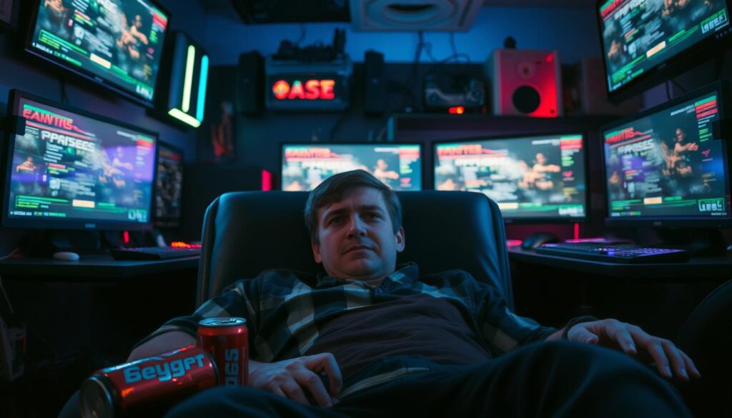 A dimly lit room filled with gaming paraphernalia, including colorful LED lights and multiple screens showing paused game menus. In the foreground, a weary gamer slumped in their chair, dressed in modest casual clothing, with focused, tired eyes and a slight frown. The middle section features scattered energy drink cans and a crumpled gaming strategy guide, symbolizing frustration and exhaustion. Behind them, the glow of the screens casts a bluish hue, creating a moody atmosphere of burnout and fatigue. The image should be captured from a slightly elevated angle, conveying a sense of overwhelm, and the lighting should be soft, with shadows emphasizing the weight of the situation.
