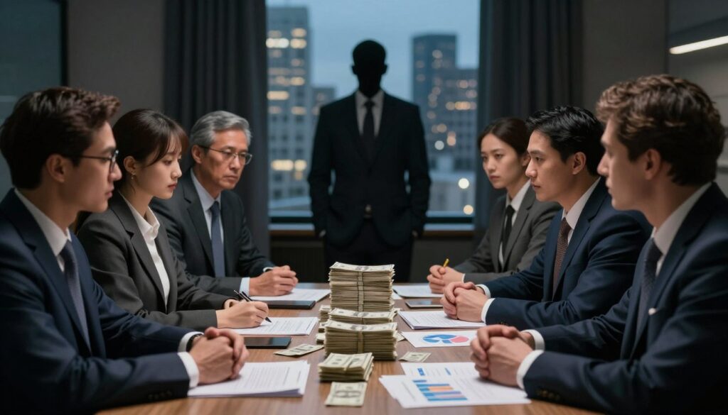A dramatic scene illustrating the concept of "political money" in modern elections. In the foreground, a diverse group of well-dressed political figures in professional business attire engage in discussions around a table stacked with cash, contracts, and economic charts. The middle ground features a shadowy figure in a suit, symbolizing corruption, observing from behind a curtain, enhancing the tension of the scene. In the background, a cityscape at dusk, with dimming lights, represents the political environment. Soft, moody lighting enhances the atmosphere, casting subtle shadows that evoke a sense of intrigue and caution. Use a shallow depth of field to keep the focus on the central figures while blurring the background, creating a compelling visual narrative about the rising costs of political financing.