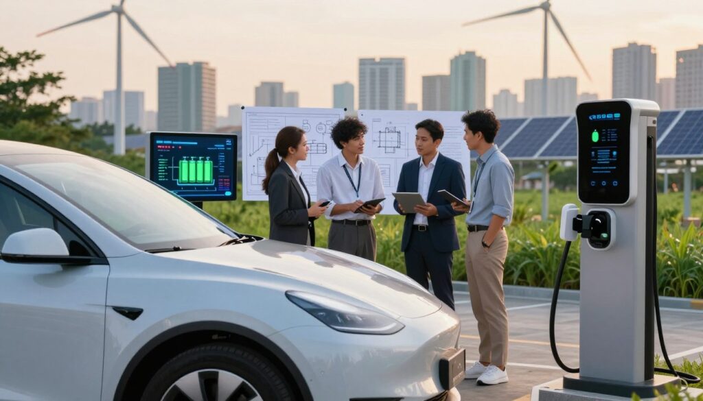A futuristic electric vehicle charging station in a vibrant urban setting, showcasing a sleek, modern electric car prominently in the foreground. The vehicle is designed with smooth lines and innovative technology, emphasizing its eco-friendly features. In the middle ground, an Indonesian startup team of diverse professionals in smart business attire discusses battery technology, surrounded by blueprints and digital screens displaying data on solid-state batteries. The background includes a city skyline with green energy elements like wind turbines and solar panels, bathed in warm, inviting natural light during sunset, creating an atmosphere of opportunity and innovation. The composition features a slight depth of field, focusing on the car and team while softly blurring the background, enhancing the sense of dynamism and forward-thinking.