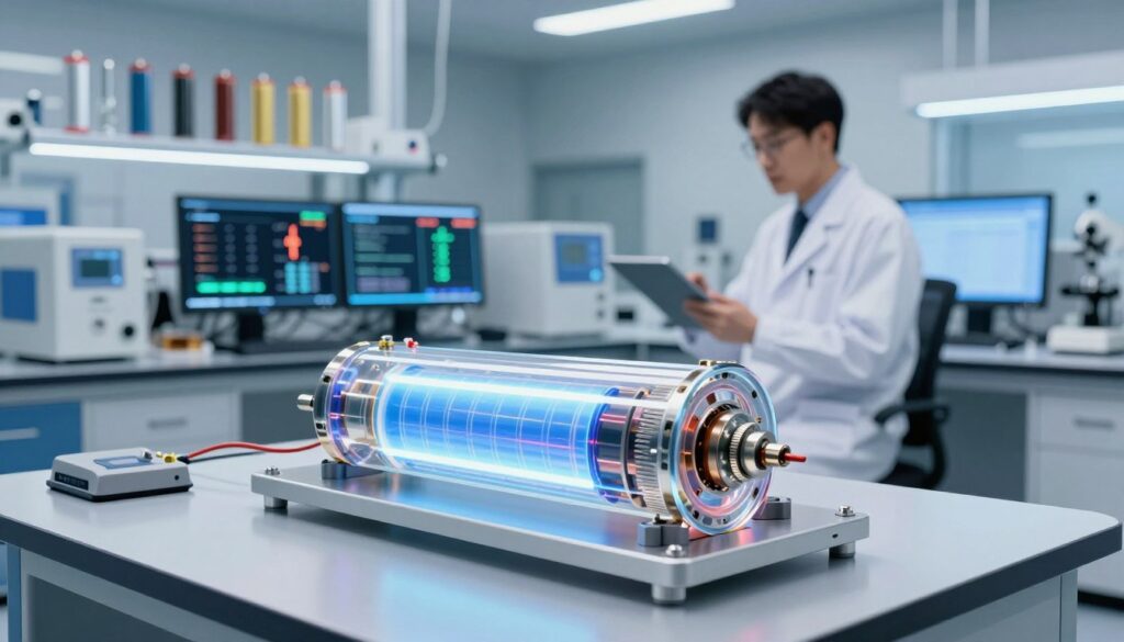 A futuristic laboratory setting showcasing solid-state battery technology. In the foreground, a sleek, partially transparent solid-state battery with intricate internal components visible, displaying a high energy density. The middle ground features a researcher in professional business attire examining the battery with a digital tablet, surrounded by high-tech equipment and monitors displaying data on energy density and battery performance. The background includes shelves with various battery prototypes and scientific instruments. The scene is illuminated by soft, bright LED lighting creating a clean, sterile atmosphere. The camera angle is slightly low to emphasize the technological innovation while maintaining a professional ambiance.