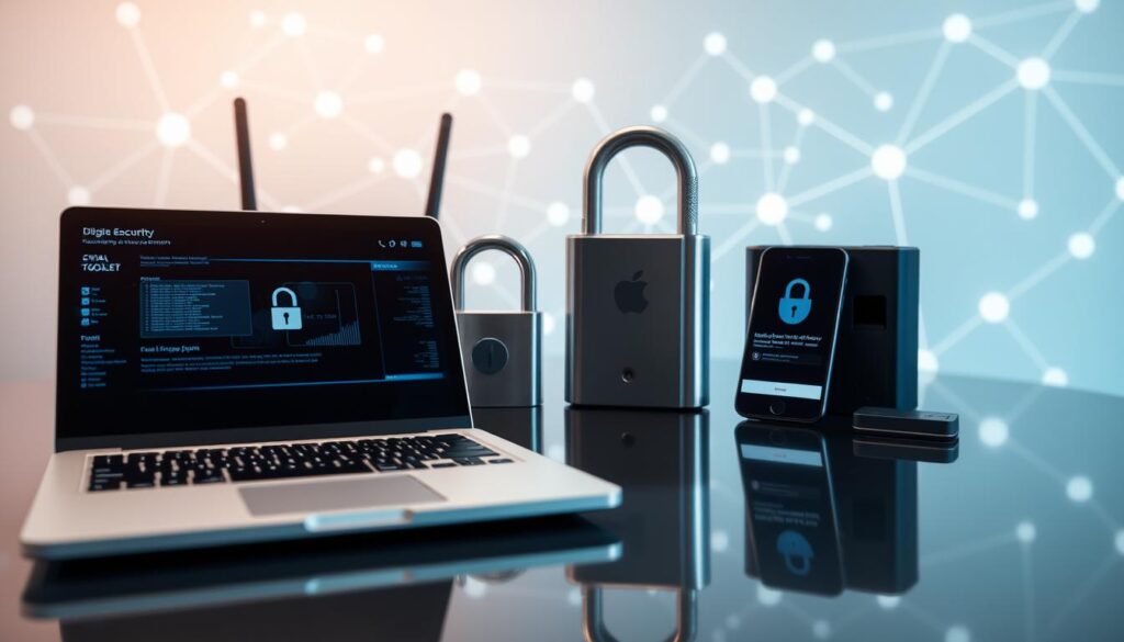 A modern digital security toolset displayed on a sleek, reflective surface. In the foreground, an open laptop with a digital encryption interface visible on the screen, surrounded by a high-tech wireless router and a biometric fingerprint scanner. In the middle ground, a smart lock and a smartphone showing a security app notification are prominently featured. The background features a subtle abstract design representing a digital network, with glowing lines connecting various nodes. The scene is illuminated by soft, ambient lighting, creating a professional and secure atmosphere. Use a shallow depth of field to focus on the tools in the foreground, while keeping the background slightly blurred, conveying a sense of innovation in digital security technology. A modern digital security toolset displayed on a sleek, reflective surface. In the foreground, an open laptop with a digital encryption interface visible on the screen, surrounded by a high-tech wireless router and a biometric fingerprint scanner. In the middle ground, a smart lock and a smartphone showing a security app notification are prominently featured. The background features a subtle abstract design representing a digital network, with glowing lines connecting various nodes. The scene is illuminated by soft, ambient lighting, creating a professional and secure atmosphere. Use a shallow depth of field to focus on the tools in the foreground, while keeping the background slightly blurred, conveying a sense of innovation in digital security technology.