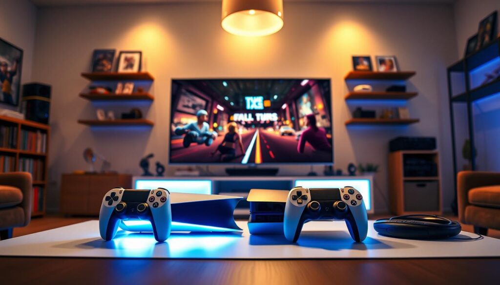 A vibrant and dynamic image of a PS5 and PS4 console setup in a contemporary living room, showcasing a 'modern-day classics' theme. In the foreground, the PS5 and PS4 sit side by side on a stylish gaming table, illuminated by soft ambient lighting that creates a warm and inviting atmosphere. The middle features a large flat-screen TV displaying a stunning 4K remastered classic game scene, rich in detail and color, drawing the viewer in. Surrounding the consoles are sleek gaming accessories and a comfortable gaming chair partially visible. In the background, shelves display collectible games and movie memorabilia. The overall mood is nostalgic yet modern, emphasizing advanced technology meeting classic gaming experiences. The angle captures the interplay of light and shadow, creating depth and engaging interest.