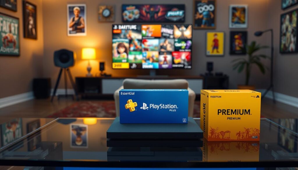 A visually engaging scene depicting a choice between the three tiers of PlayStation Plus: Essential, Extra, and Premium. In the foreground, a sleek, modern gaming console sits on a glass table, with three distinct game boxes representing each tier—Essential in blue, Extra in green, and Premium in gold. The middle ground features a stylish gaming setup, complete with a comfortable chair and a large screen displaying vibrant 4K graphics of classic games like racing, adventure, and puzzle genres. The background is softly illuminated with ambient lighting, creating a cozy atmosphere reminiscent of a gaming room, while vibrant posters of iconic games are framed on the wall. The mood is enthusiastic, inviting players to delve into their gaming choices while stirring a sense of nostalgia.