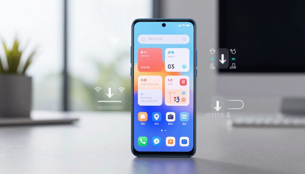 A modern smartphone displaying a vibrant user interface featuring various software applications and connectivity options, such as Wi-Fi and Bluetooth icons. In the foreground, have a sleek, stylized POCO M6 Pro device with a glowing screen showcasing app icons and notifications. In the middle, a subtle representation of various connectivity symbols and software update graphics, like download arrows and progress bars, faintly integrated into the background. The background should include a blurred tech workspace environment with soft, natural lighting that creates an inviting atmosphere. Use a wide-angle lens perspective, highlighting the smartphone's features while maintaining a professional and clean aesthetic. The overall mood should convey innovation and efficiency. A modern smartphone displaying a vibrant user interface featuring various software applications and connectivity options, such as Wi-Fi and Bluetooth icons. In the foreground, have a sleek, stylized POCO M6 Pro device with a glowing screen showcasing app icons and notifications. In the middle, a subtle representation of various connectivity symbols and software update graphics, like download arrows and progress bars, faintly integrated into the background. The background should include a blurred tech workspace environment with soft, natural lighting that creates an inviting atmosphere. Use a wide-angle lens perspective, highlighting the smartphone's features while maintaining a professional and clean aesthetic. The overall mood should convey innovation and efficiency.