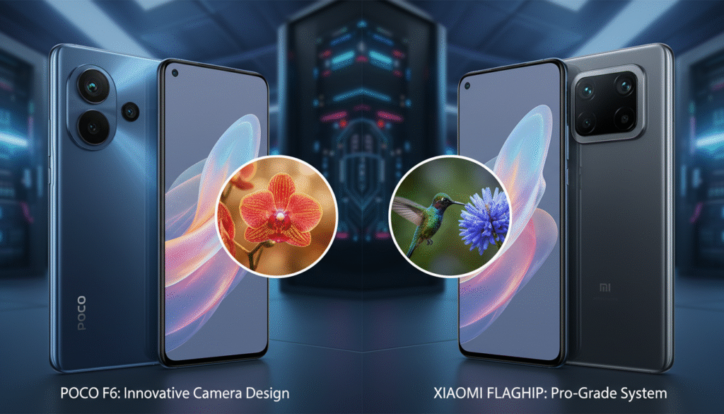 A side-by-side comparison image of two mobile phones: the POCO F6 and a Xiaomi flagship model. In the foreground, prominently display both phones with their camera setups highlighted; the POCO F6 on the left, showcasing its innovative camera design and features, while the Xiaomi flagship on the right emphasizes its high-end camera system. The middle ground should feature close-up shots of both cameras in action, capturing vibrant colors from a nature scene. The background should be a blurred gradient that hints at a tech environment. Use soft, even lighting to create a professional atmosphere. The mood should convey a sense of innovation and competition in mobile photography. Focus on elegant lines and sleek design to appeal to tech enthusiasts. A side-by-side comparison image of two mobile phones: the POCO F6 and a Xiaomi flagship model. In the foreground, prominently display both phones with their camera setups highlighted; the POCO F6 on the left, showcasing its innovative camera design and features, while the Xiaomi flagship on the right emphasizes its high-end camera system. The middle ground should feature close-up shots of both cameras in action, capturing vibrant colors from a nature scene. The background should be a blurred gradient that hints at a tech environment. Use soft, even lighting to create a professional atmosphere. The mood should convey a sense of innovation and competition in mobile photography. Focus on elegant lines and sleek design to appeal to tech enthusiasts.