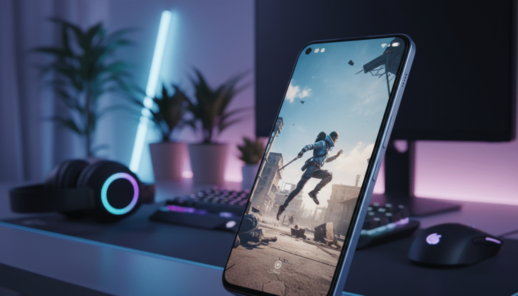 A sleek and modern POCO F6 gaming smartphone prominently displayed in the foreground, showcasing its vibrant screen illuminated with a high-resolution graphics scene from an action-packed game. The phone is angled at a dynamic perspective, emphasizing its thin profile and advanced design features. In the middle ground, a stylish gaming setup features RGB-lit accessories and a gaming headset to create an immersive atmosphere. The background fades into a cozy, well-lit room with soft ambient lighting, hinting at a casual gaming environment. The mood is energetic yet inviting, perfect for highlighting performance and battery life. Render the image with a sharp focus and smooth bokeh effects to draw attention to the POCO F6, using a soft cool color palette to enhance the tech-savvy ambiance. A sleek and modern POCO F6 gaming smartphone prominently displayed in the foreground, showcasing its vibrant screen illuminated with a high-resolution graphics scene from an action-packed game. The phone is angled at a dynamic perspective, emphasizing its thin profile and advanced design features. In the middle ground, a stylish gaming setup features RGB-lit accessories and a gaming headset to create an immersive atmosphere. The background fades into a cozy, well-lit room with soft ambient lighting, hinting at a casual gaming environment. The mood is energetic yet inviting, perfect for highlighting performance and battery life. Render the image with a sharp focus and smooth bokeh effects to draw attention to the POCO F6, using a soft cool color palette to enhance the tech-savvy ambiance.