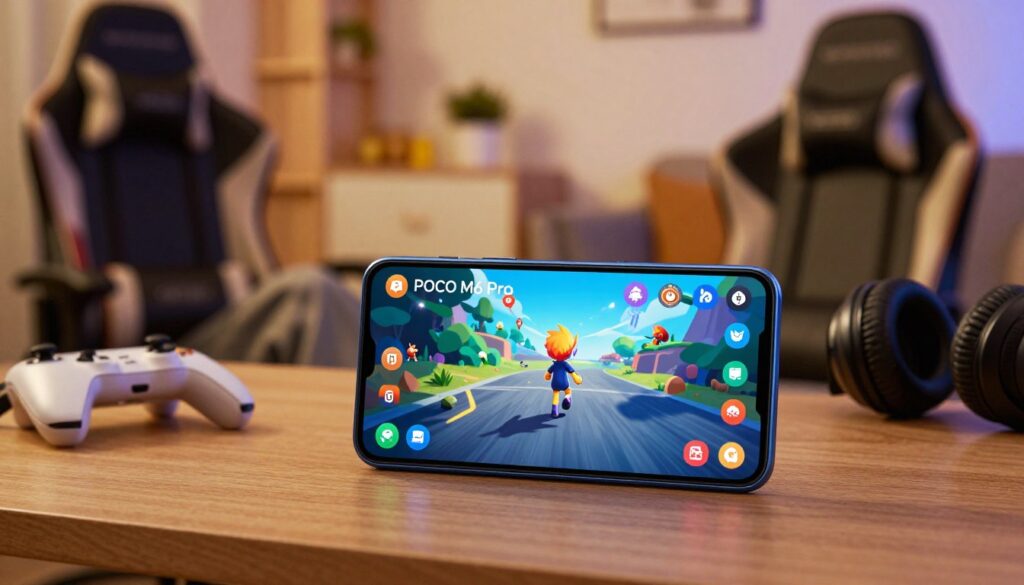 A vibrant image showcasing a budget gaming smartphone, designed for casual gamers. The foreground features the POCO M6 Pro, with a sleek design, emphasizing its display and gaming features. Add colorful game icons surrounding the smartphone, suggesting an engaging gaming experience. In the middle ground, depict a cozy living space with soft lighting, setting a relaxed atmosphere, perhaps including a stylish gaming chair and some casual gaming accessories like a game controller and headphones. The background should have a subtle, blurred view of a home environment, enhancing the sense of comfort. Use warm lighting to create an inviting and enthusiastic mood, highlighting the smartphone's capabilities for gaming at an affordable price. Focus on clarity and detail in the smartphone, with a slight tilt angle for a dynamic perspective. A vibrant image showcasing a budget gaming smartphone, designed for casual gamers. The foreground features the POCO M6 Pro, with a sleek design, emphasizing its display and gaming features. Add colorful game icons surrounding the smartphone, suggesting an engaging gaming experience. In the middle ground, depict a cozy living space with soft lighting, setting a relaxed atmosphere, perhaps including a stylish gaming chair and some casual gaming accessories like a game controller and headphones. The background should have a subtle, blurred view of a home environment, enhancing the sense of comfort. Use warm lighting to create an inviting and enthusiastic mood, highlighting the smartphone's capabilities for gaming at an affordable price. Focus on clarity and detail in the smartphone, with a slight tilt angle for a dynamic perspective.